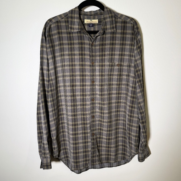 Tommy Bahama - 100% Silk Plaid Shirt - Lightweight M - Green/Grey - Wood Buttons - Picture 1 of 6